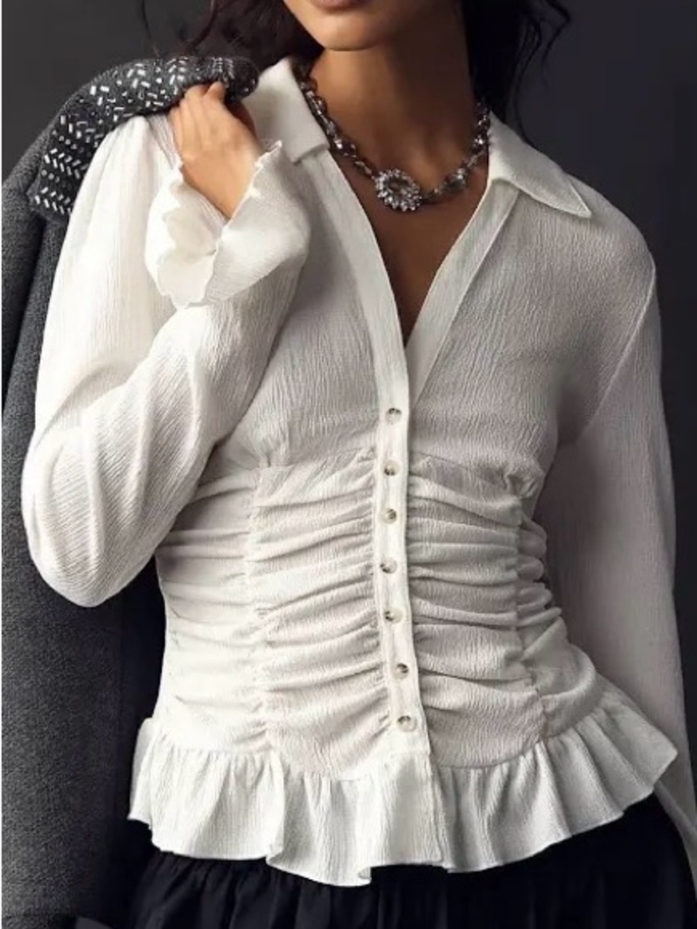 Anthropologie Maeve White Smocked V-Neck Ruffle Top